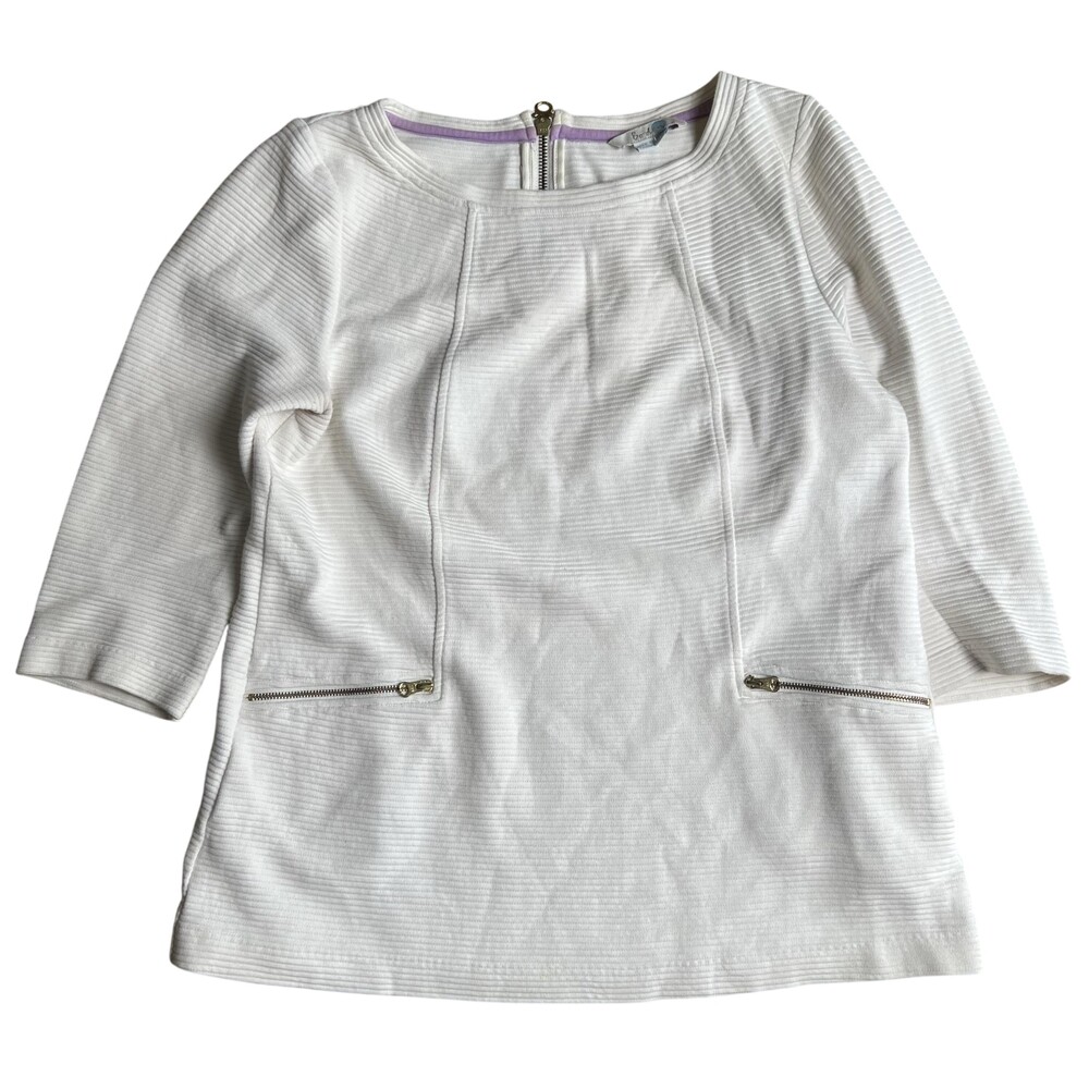 Boden Blouse Womens 8 White Ribbed Knit 3/4 Sleeve Zip Pockets Casual Top
